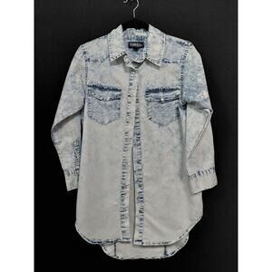 THRILL Jeans Denim Shirt Dress Blue Acid Wash Long Sleeve Knee Length Size S